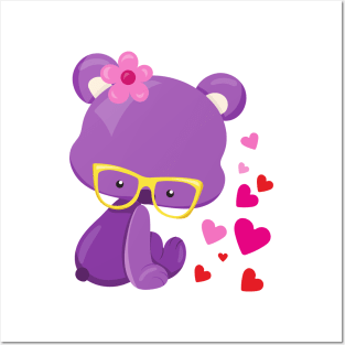 Valentine's Day Bear, Purple Bear, Glasses, Hearts Posters and Art